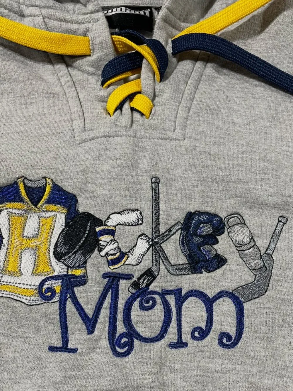 Pennant Sportswear Hockey Mom Lace-Up Hoodie Gray Navy Yellow L Travel Team Mom